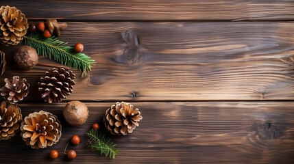 christmas table background. Pinecones, pine branches, and autumnal dried fruits arranged on a brown wooden retro tabletop