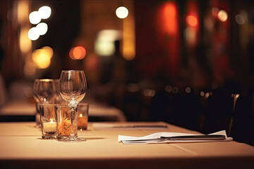 Table in an Italian restaurant with glasses, candles and cutlery, warm light, inviting atmosphere - obrazy, fototapety, plakaty