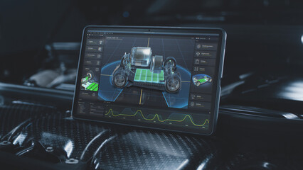 Digital tablet computer screen shows 3D futuristic graphical visualization of car developing...