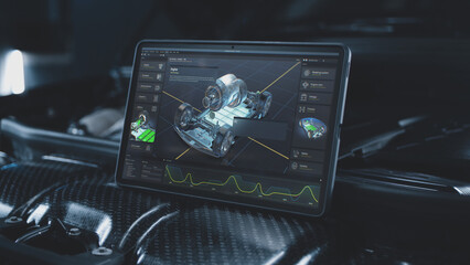 Digital tablet computer screen shows 3D futuristic graphical visualization of car developing professional software with 3D virtual electric vehicle model. Concept of modern car diagnostics technology.