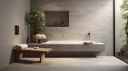 Fototapeta na wymiar Find tranquility in a bathroom featuring a built-in bench and natural stone accents. It's a space that embraces the beauty of simplicity.