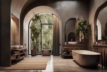 Fototapeta premium Interior of modern bathroom with wooden walls, concrete floor, comfortable bathtub and big window. 3d rendering