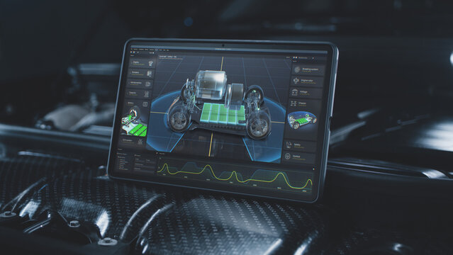 Digital tablet computer screen shows 3D futuristic graphical visualization of car developing professional software with 3D virtual electric vehicle model. Concept of modern car diagnostics technology.
