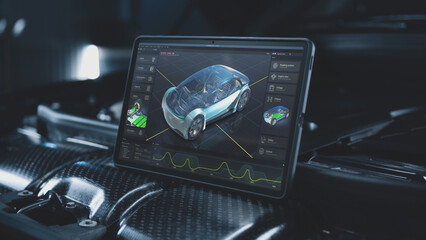 3D futuristic animation of professional program for car diagnostic with 3D virtual electric vehicle...