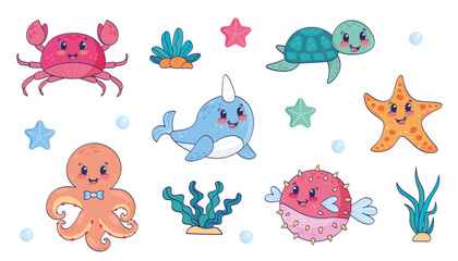 Set of sea creatures. Set with hand drawn sea life elements