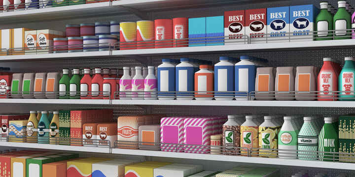 Food products on a shelf in a supermarket. 3d illustration