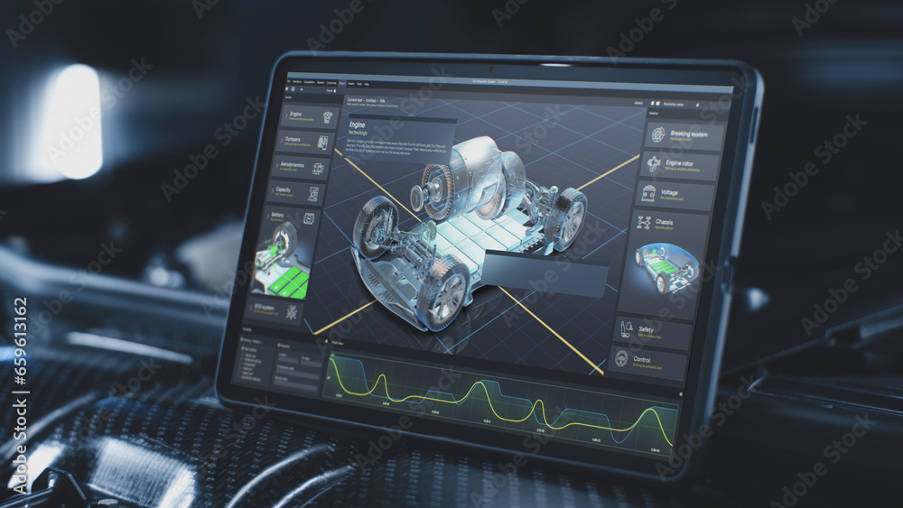 Poster digital tablet computer screen shows 3d render of professional software user interface for eco-frien