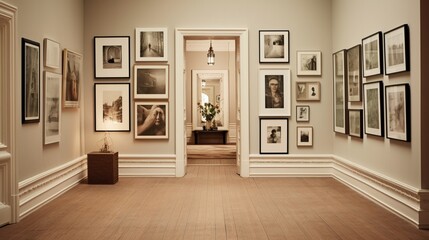 Gallery wall in a neutral-toned hallway.