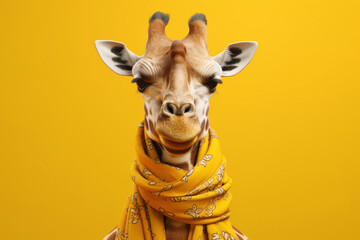 Fototapety  Head and neck of a cute giraffe in yellow scarf on yellow background