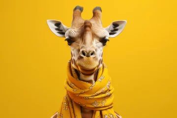 Gardinen Head and neck of a cute giraffe in yellow scarf on yellow background © spyrakot