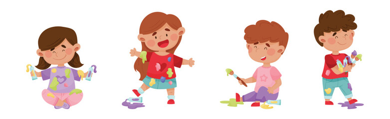 Little Children Smeared in Paints Holding Artist Brush Vector Set
