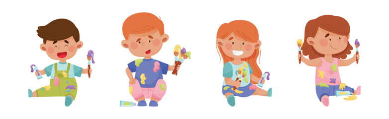Little Children Smeared in Paints Holding Artist Brush Vector Set