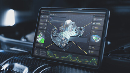Digital tablet computer screen shows 3D render of professional software user interface for eco-friendly car developing. Program for car diagnostic or testing with 3D virtual electric vehicle model.