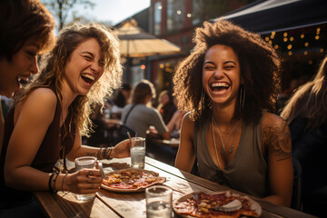 Group of young women eating pizza in a restaurant. Friends having fun together. ia generated - obrazy, fototapety, plakaty