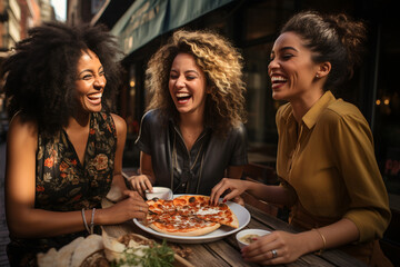 Group of young women eating pizza in the city. They are laughing. ia generated - obrazy, fototapety, plakaty