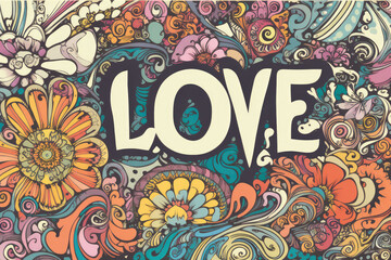 Word Love written in hippie boho style with colorful flowers