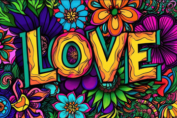 Word Love written in hippie boho style with colorful flowers