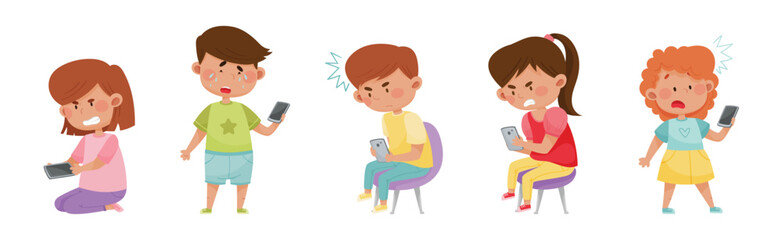 Angry and Frustrated Kids with Mobile Phones Vector Set