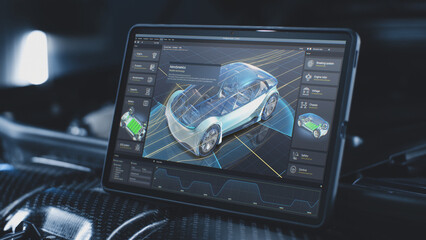 3D render of graphical user interface of professional software for eco-friendly car developing. Program for car diagnostic or testing with 3D virtual electric vehicle prototype. Computer screen view.