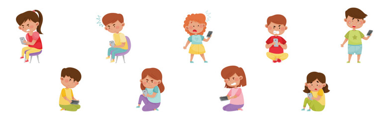 Angry and Frustrated Kids with Mobile Phones Vector Set