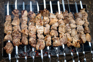 Shish kebab: slices of meat with sauce preparing on fire 
