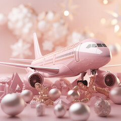 plane oan a pink backgroud with christmas elements - 659613547