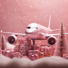 plane oan a pink backgroud with christmas elements