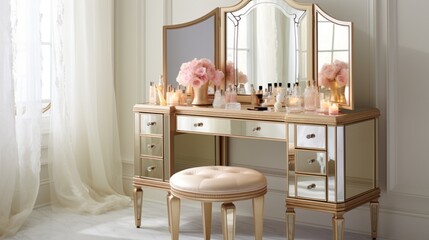 Get ready in opulence with a gold-finished vanity table. A tri-fold mirror and crystal drawer knobs add a touch of glamour to your routine.