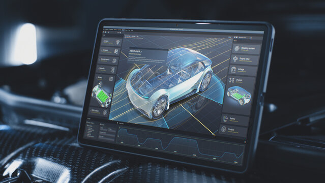 3D render of graphical user interface of professional software for eco-friendly car developing. Program for car diagnostic or testing with 3D virtual electric vehicle prototype. Computer screen view.