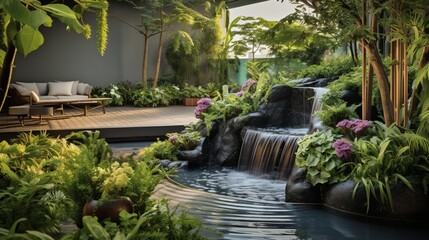 Hear the soothing sounds of a cascading waterfall in a rooftop garden with carefully curated plants.