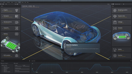 3D futuristic animation of professional program for car diagnostic with 3D virtual electric vehicle prototype displayed on digital tablet computer screen. Concept of modern car developing technology.