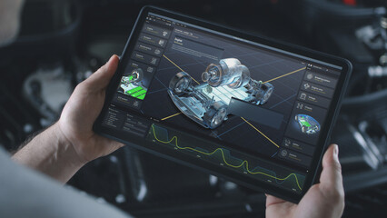 Male automotive engineer holds digital tablet computer with simulation of real-time car diagnostics...