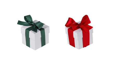 Set of white gift box with red and green ribbon bow for design cut out on transparent background. Abstract Christmas present as an design element.