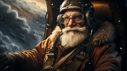 Obraz premium A man with a white beard, Santa Claus descends with a parachute from a red bag. Festive character symbol of Christmas and New Year. Good-natured active old man. Concept: it's time for the holidays