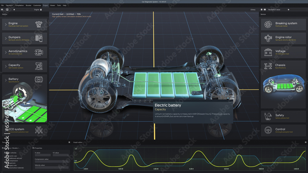 Fototapete 3d graphical user interface visualization of professional software for eco-friendly car developing. 