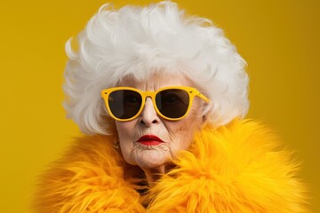 Funny old lady face portrait, studio yellow background. Funky fashion grandma style. Granny model in modern fashionable makeup. Trendy cool aged woman model, generated by AI