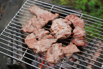 Grilled pork on a rustic stove. Grilled pork. Grilled pork belly.