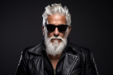 Gray-haired cool guy in black sunglasses and leather jacket. Professional studio light face portrait. 60 years old american rocker model. Caucasian macho man. Tough guy generated by AI