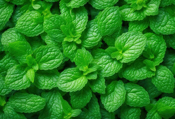 Fresh mint leaves background. Green spearmint top view, close-up. Generated by AI - obrazy, fototapety, plakaty
