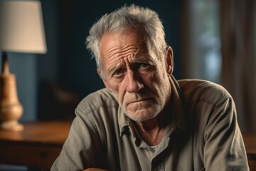 Old man in deep depression, face portrait. Senior sad white man look at camera, blurred bedroom background. Dramatic lonely elderly person feels bad emotions. Sadness aged guy, generated by AI