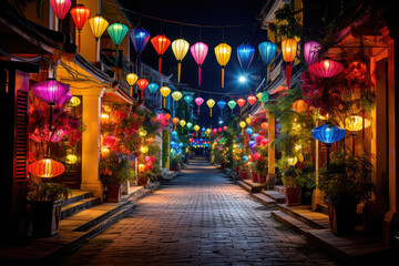Many kind of lanterns hanging on street market. Colorful tradition lanterns in chinese style. Generative AI