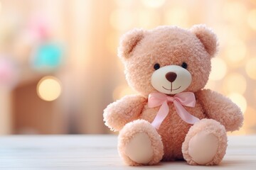 Fototapeta premium Teddy bear soft toy on white table top with empty space, blurred kids room background. Soft toys shop banner. Cute bear generated by AI