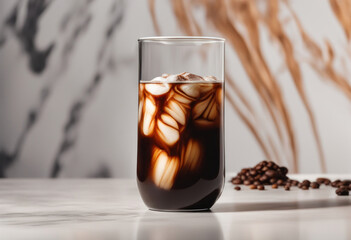 Cold brew on white table top, close-up view, blurred marbled background. Ice latte drink banner. Coffee to go, generated by AI