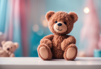 Teddy bear soft toy on white table top, blurred kids room background. Soft toys shop banner. Cute brown bear generated by AI