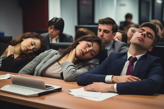 Monotonous Office: Fatigued Employee in a Meeting
