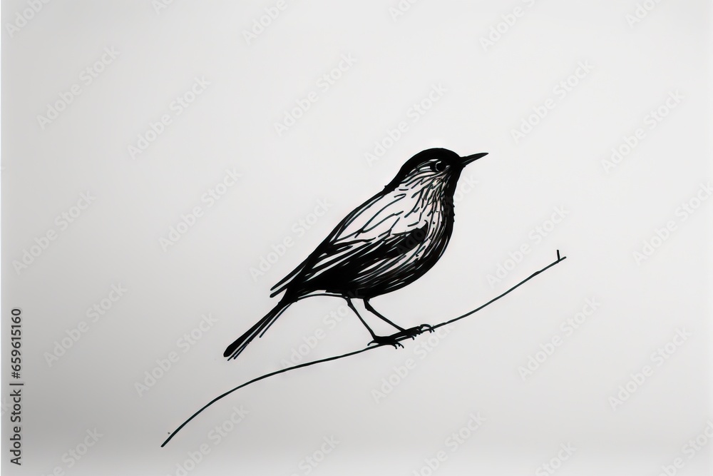 Sticker a black and white drawing of a bird sitting on a twig on a branch with a sky in the background of the picture and a white sky behind the bird is a black and white background.