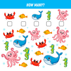 How many underwater animals are there. Count the number of animals. Math worksheet for kids. 
