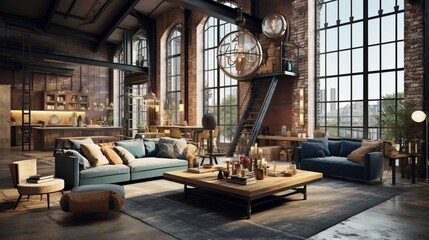 Immerse yourself in the fusion of vintage and industrial elements in a loft living area, a unique blend of styles.