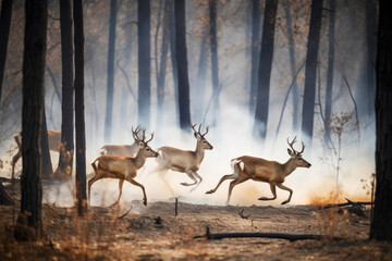 Deer are running from the burning forest. - obrazy, fototapety, plakaty