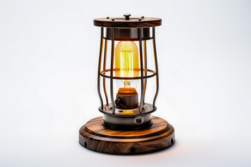 Rustic wooden table lamp radiating warm light isolated on a white background 